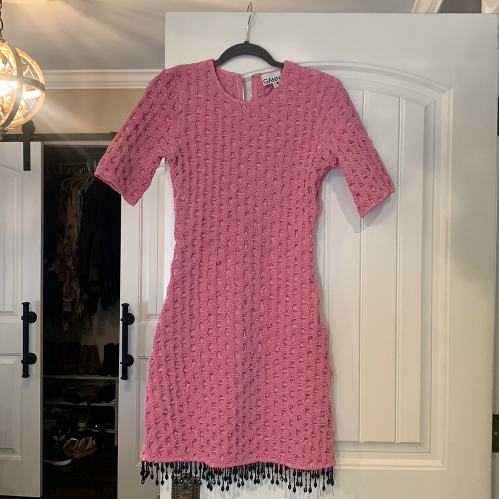 GANNI pink satin embellished dress
